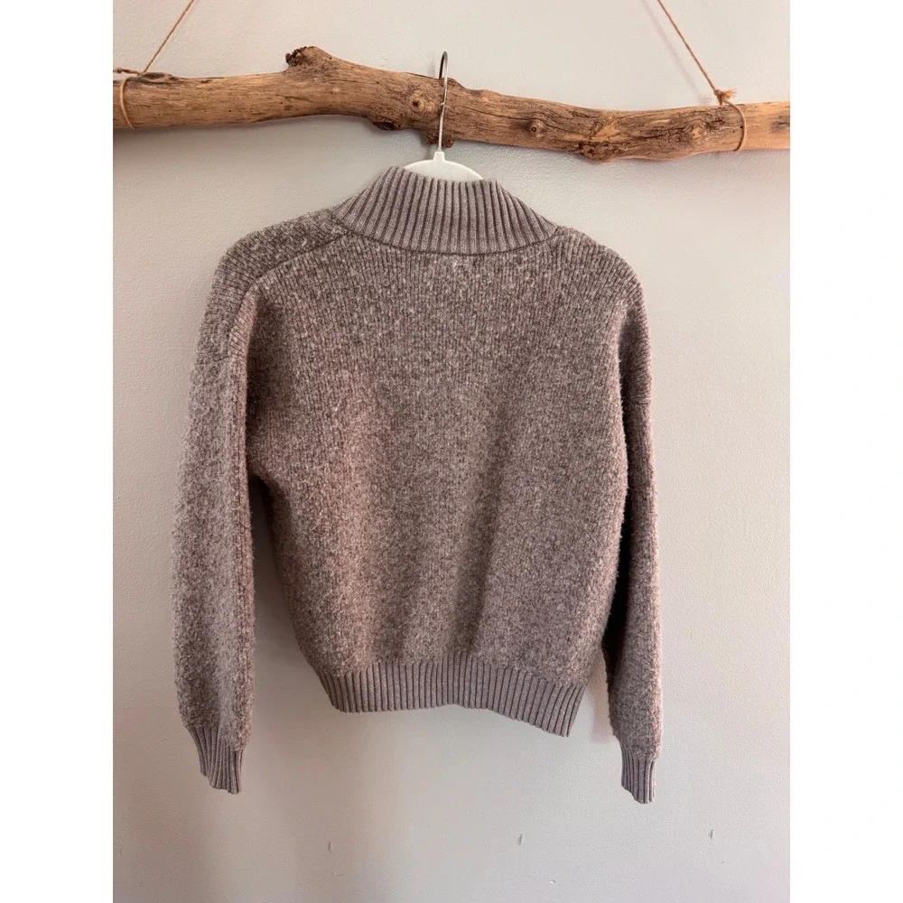 Marled Mock Neck Full Zip Cardigan Sweater Taupe Brown Wool Blend Small